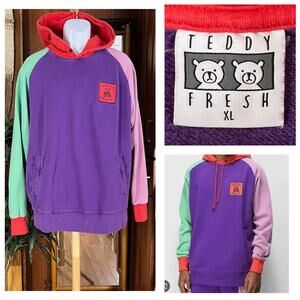 Teddy Fresh Colorblock Hoodie | Men's XL | Purple Green Red Bear Unisex Pullover